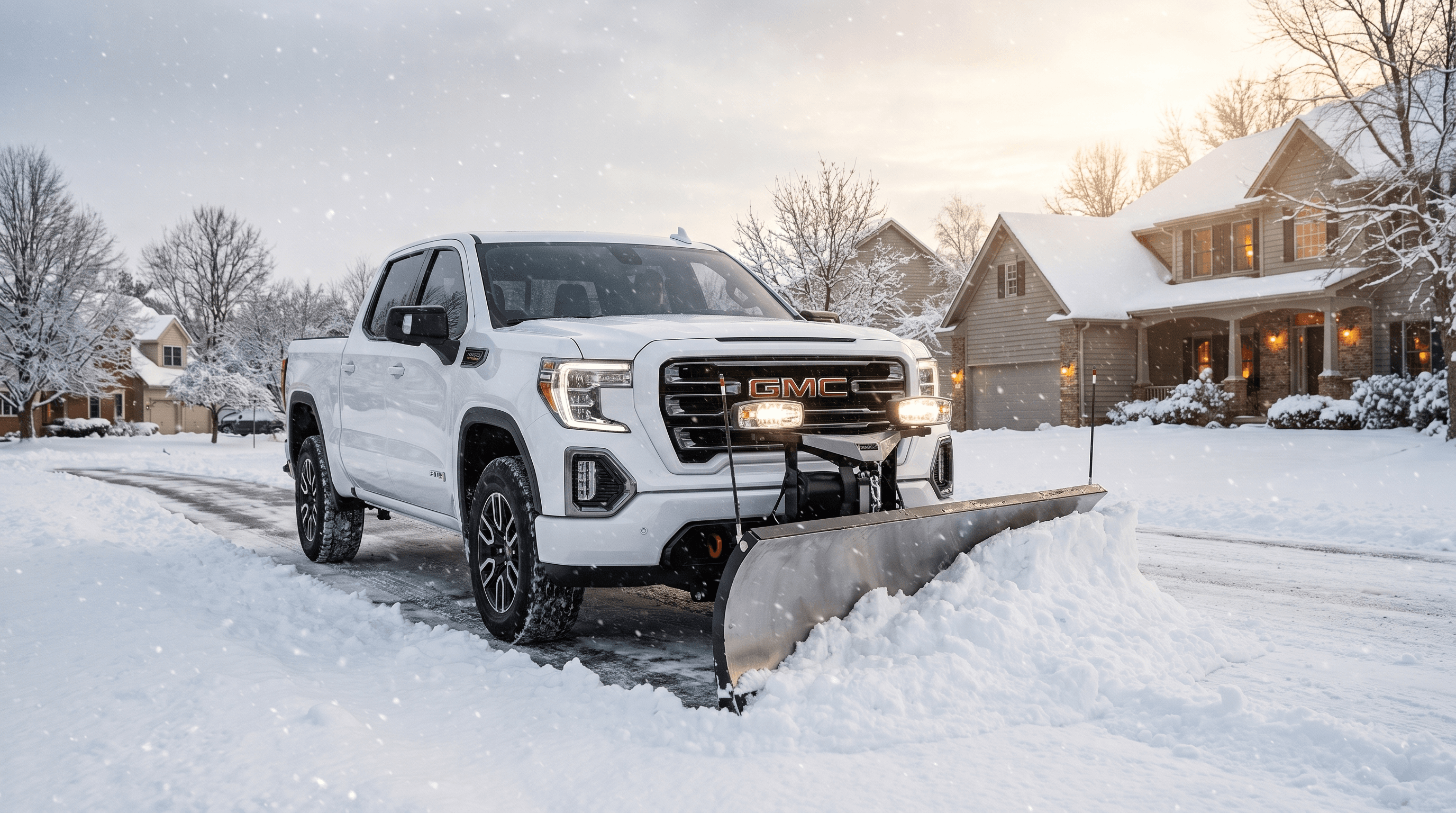 GMC Sierra plow truck on a freshly cleared residential street in a Rosemount, MN neighborhood at dusk