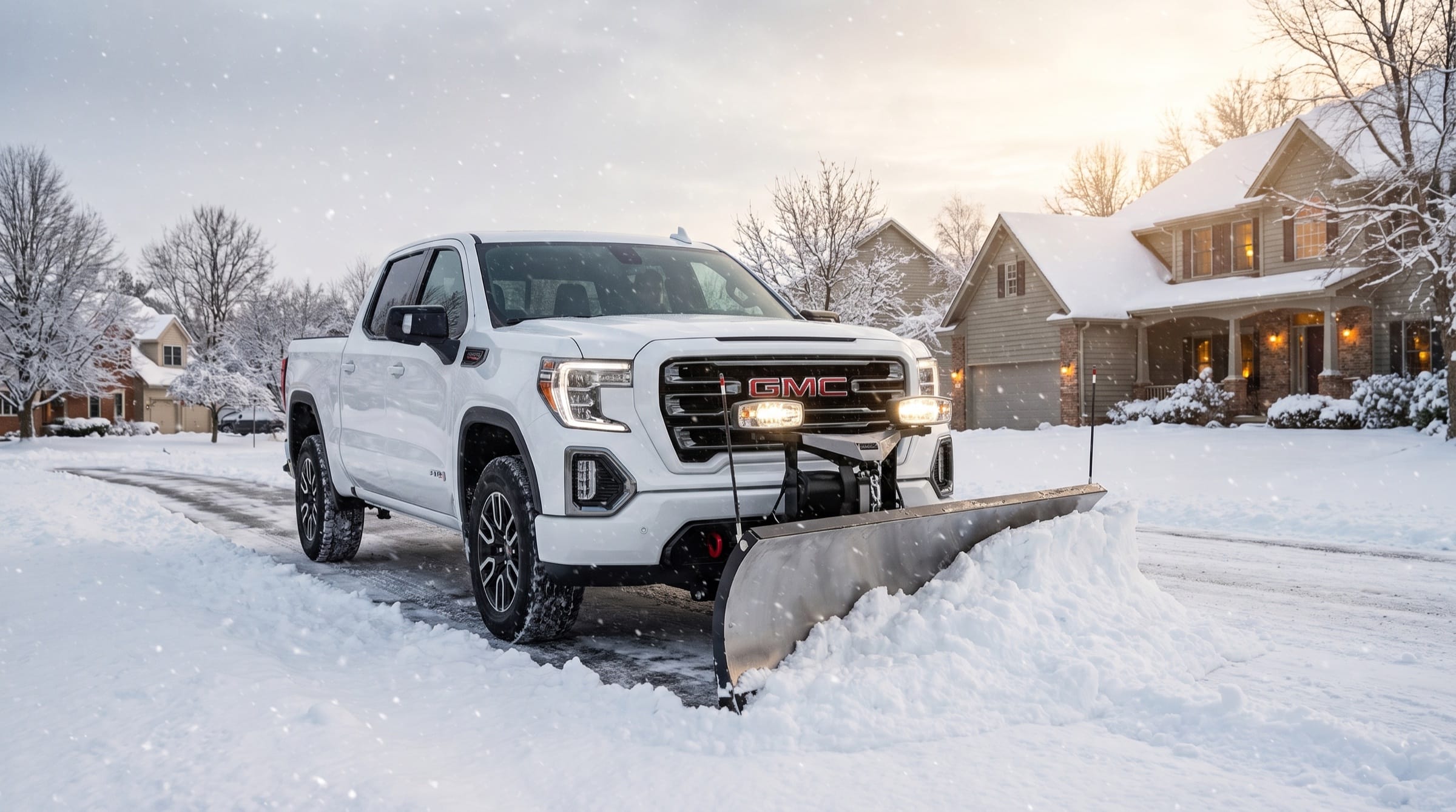 GMC Sierra plow truck on a freshly cleared residential street in a Rosemount, MN neighborhood at dusk