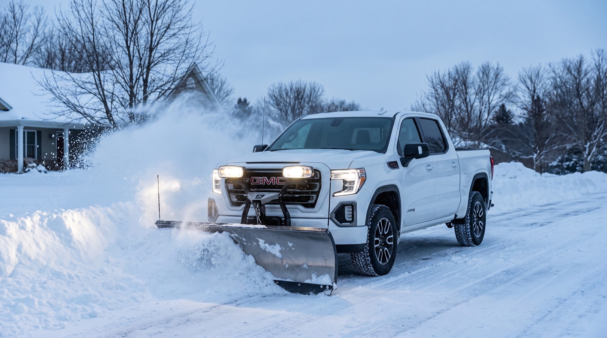 White GMC Sierra plow truck clearing a snowy residential driveway in Rosemount, MN at dusk